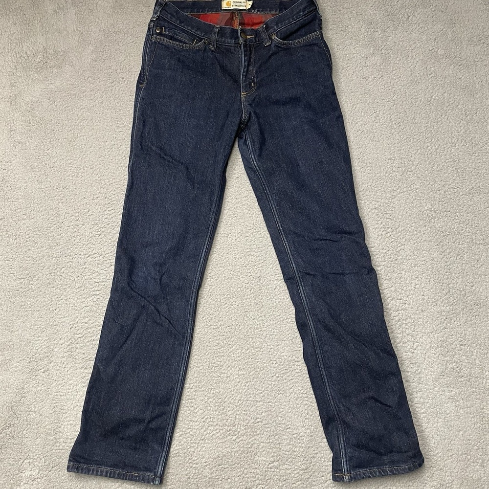 Carhartt Flannel Lined Jeans Womens 4 Dark Wash Straight Leg Utility 102729 474